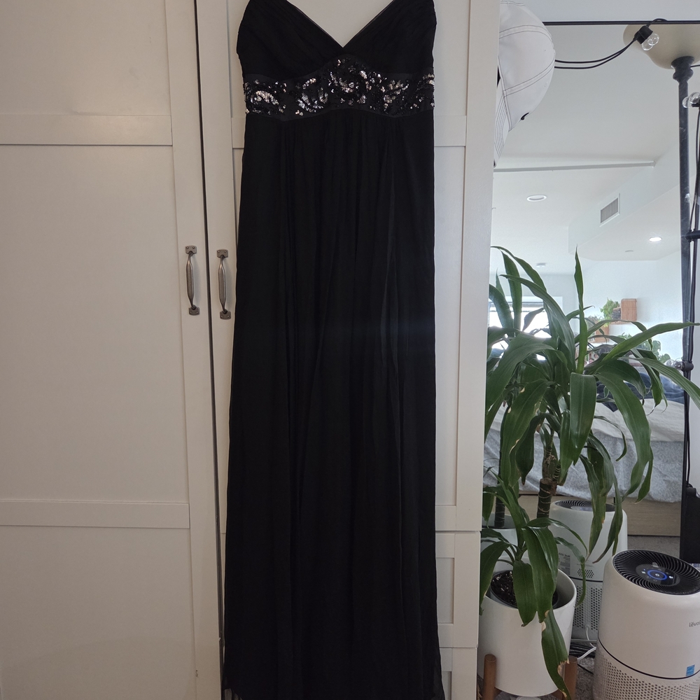 BCBGMaxmara Azria Black Silk Strapless Dress with Sequin Detail